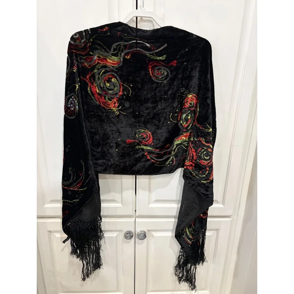 Black Burnout Velvet Silk Blend Embroidered Fringe Shawl Wrap Floral Sequin Boho